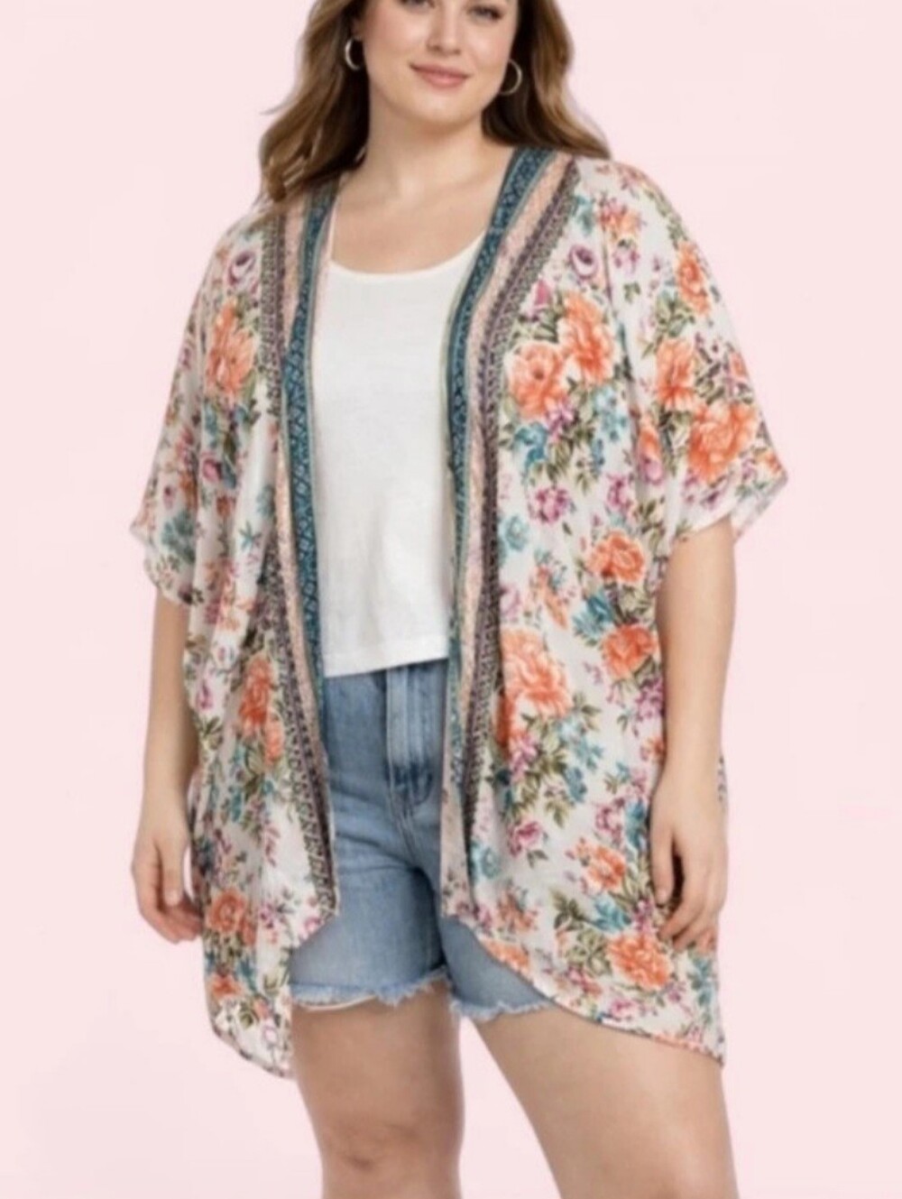 Angie Boho Floral Print Open Front Kimono Large